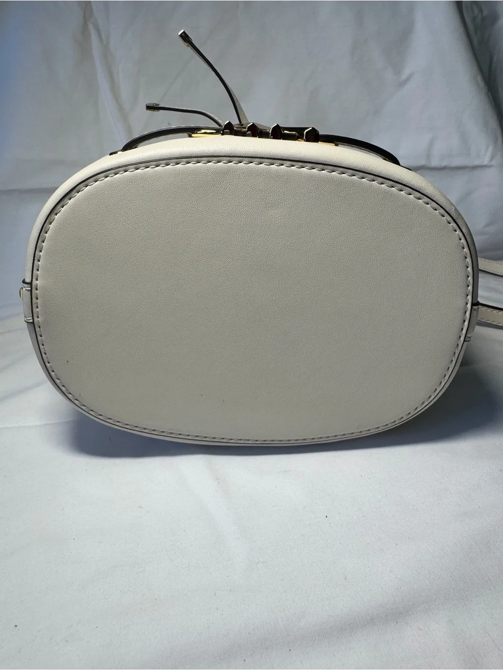 Michael Kors Cream Leather Mini Drawstring Bucket Bag with Gold MK Hardware